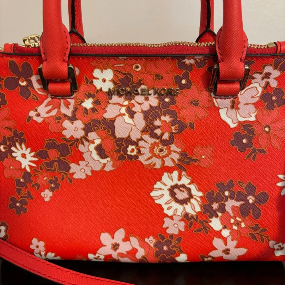 Michel Kors Kellen Red Sangria Floral Saffiano Leather Satchel Crossbody - Picture 2 of 12